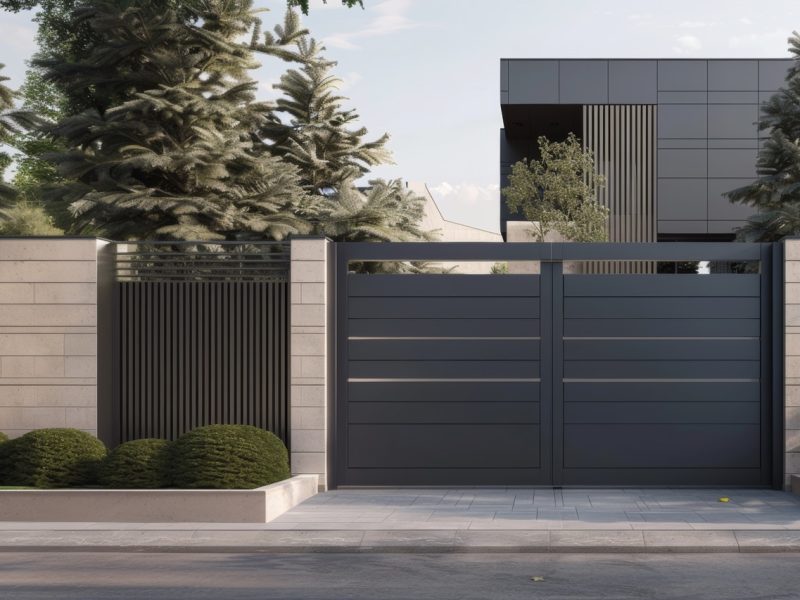A private house of two floors hidden behind a fence with automatic sliding brown gates.
